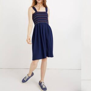 Madewell Texture & Thread Smocked Tanks Dress in Navy with Stripe Top Size S
